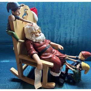 2002 Musical Snoozing Santa Rocking Chair Figurine w/ Elves Christmas Decor